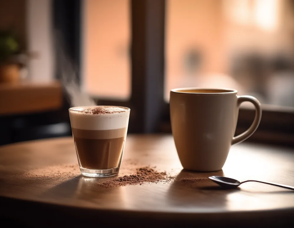 A babyccino in a small glass beside a full-size flat white on an oak table, with cocoa dusted across the wood.