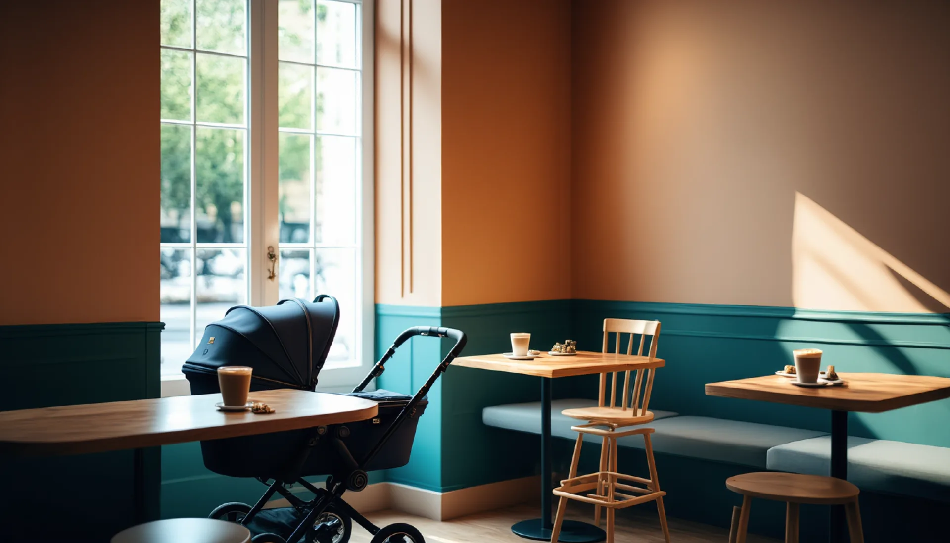 The window room at Kleiner Bruder Kaffee: a pram parked beside a tall sunlit window, oak tables with coffee, and a wooden high chair against teal panelling.