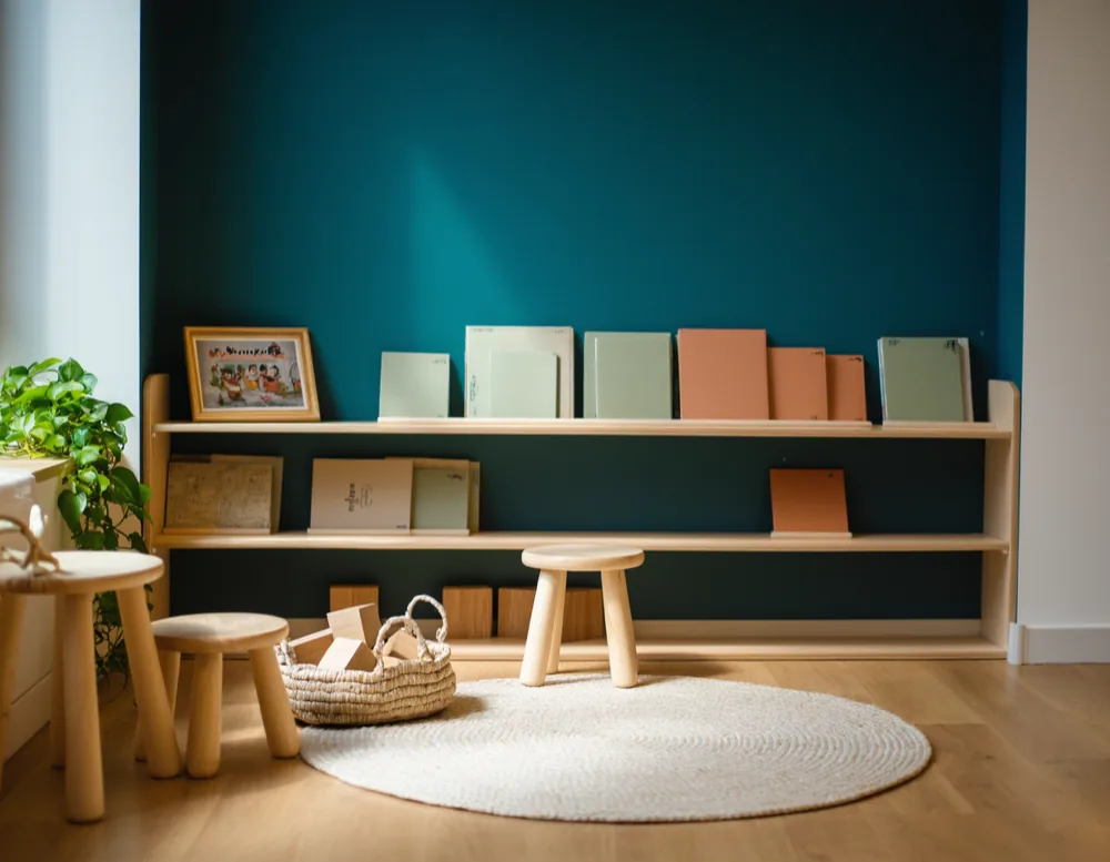 The kids' corner: a low birch shelf of picture books with plain covers, a woven basket of wooden blocks and two small stools on a round wool rug, against a deep teal wall.